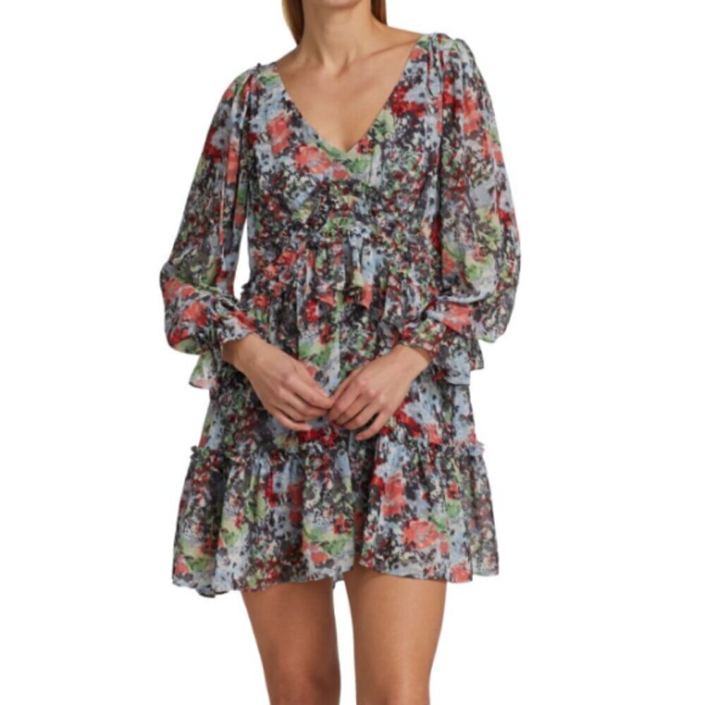 CINQ À SEPT 'Lewis' Tiered Floral-Print Mini-Dress, Powder Blue Multi